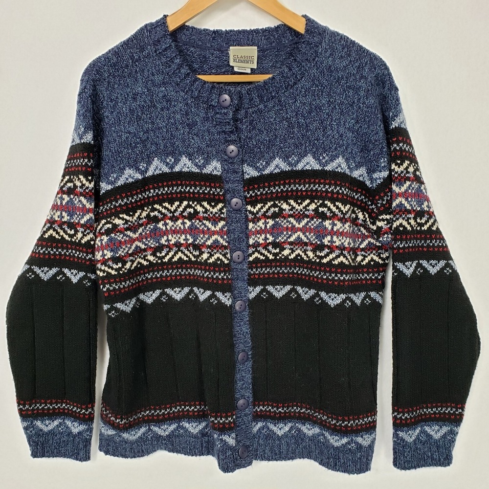 Classic Elements Women Medium Cardigan Sweater Blue Aztec Vintage Button Front